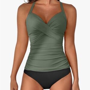 B2prity Olive Green Women’s Ruched Tummy Control Tankini Swimsuit Set NWT